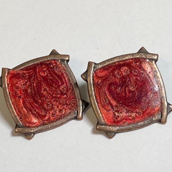 Vintage Copper Enamel Clip On Earrings Orange Red Swirl Artisan Unsigned - Picture 9 of 10